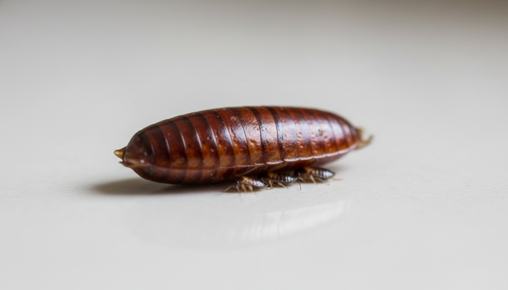 Close-up of a cockroach ootheca (egg case) on a light surface