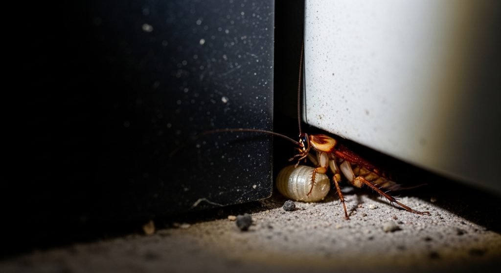 “German cockroach carrying an egg case hidden in a dusty corner of an old office