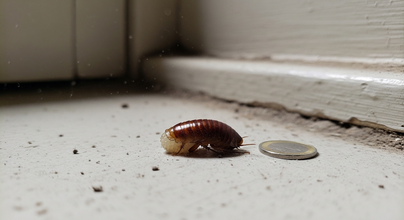 German roach egg case identification with size and color details plus removal tips