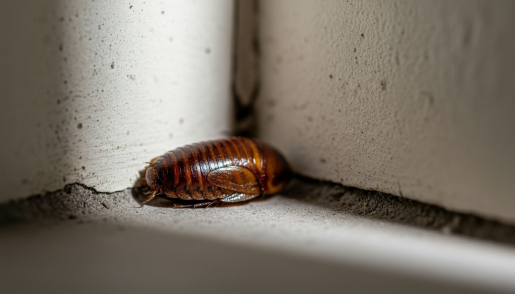 Indoor insect often mistaken for a German roach egg case, showing a ridged, brown, shell like body with small legs