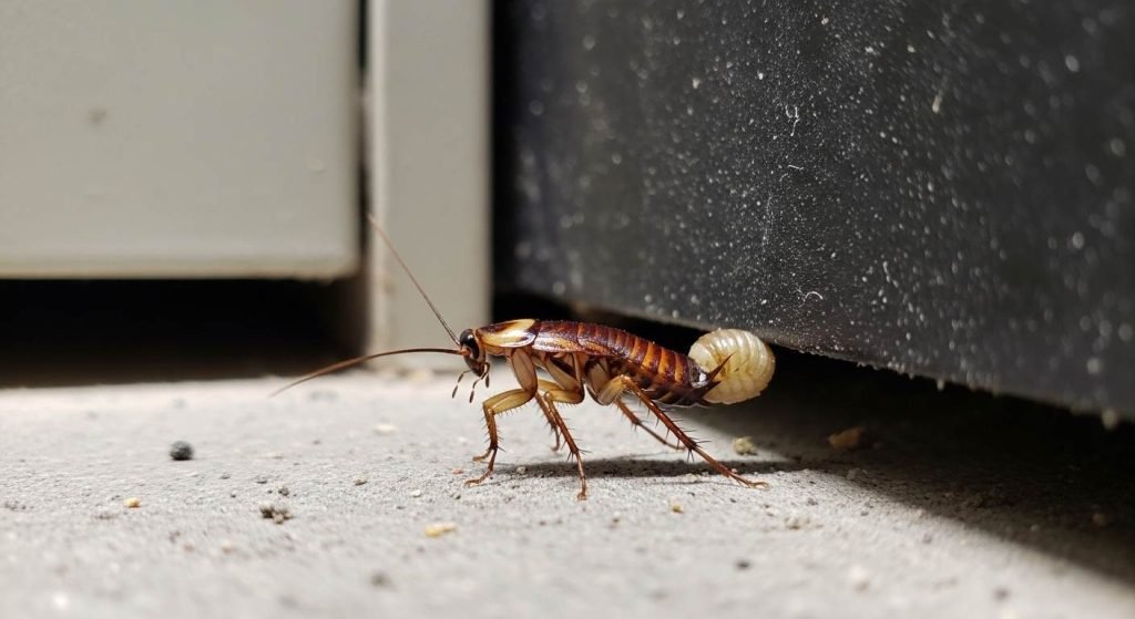 Pregnant German cockroach carrying an egg case under an old office cabinet