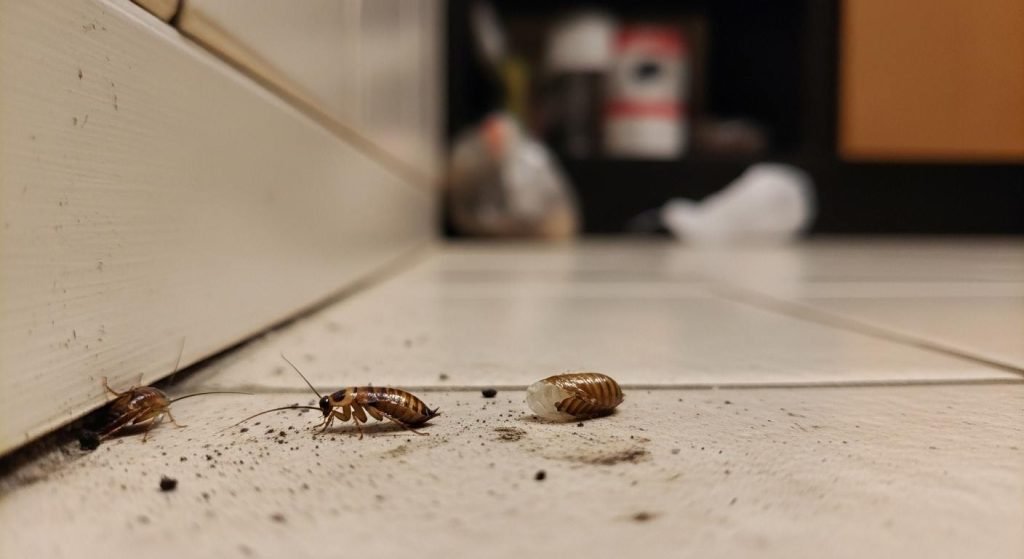 Signs of German roach breeding activity in a hidden indoor corner