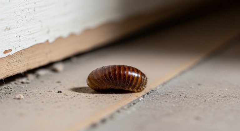 Roach eggs case (ootheca) on a dusty floor near a baseboard”