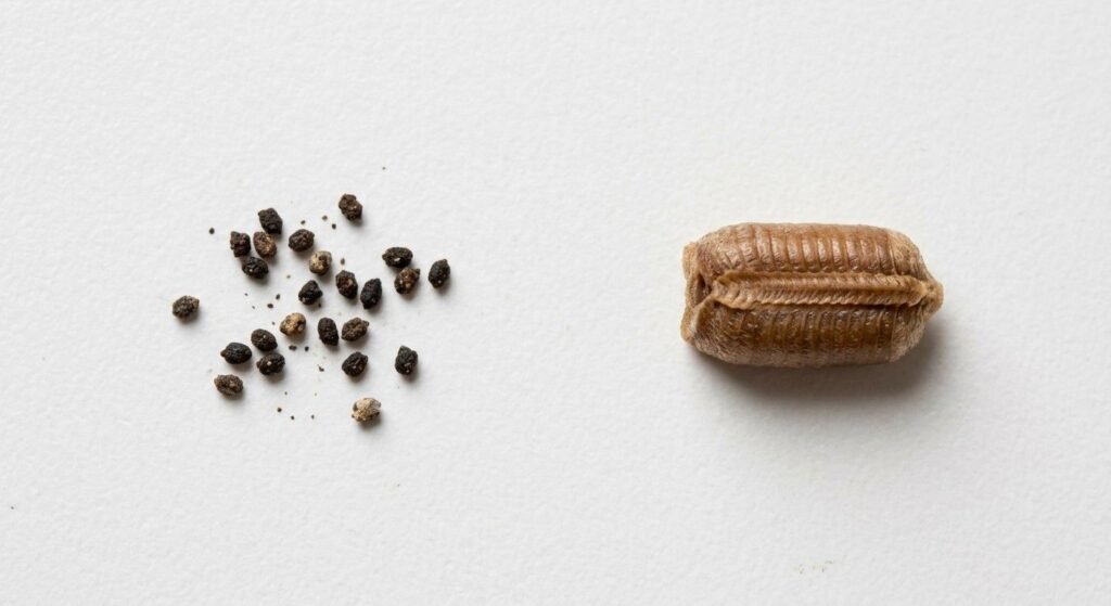 Dense cluster of tiny black German cockroach droppings resembling coffee grounds around a white drainpipe inside a kitchen cabinet under a sink.