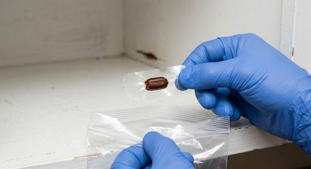 Gloved hand holding a piece of clear tape with a dark brown cockroach egg case (ootheca) attached, ready to be sealed in a plastic bag for safe disposal.