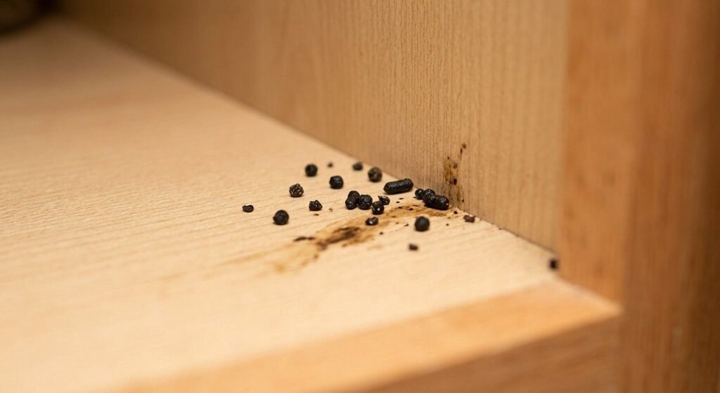 Tiny black cockroach droppings resembling pepper grains scattered in the corner of a light-colored kitchen cabinet shelf with faint dark smear marks nearby.


