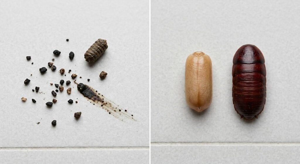 Split comparison image showing black cockroach droppings and smear marks on the left and two brown cockroach egg cases of different species on the right against a light gray surface.

