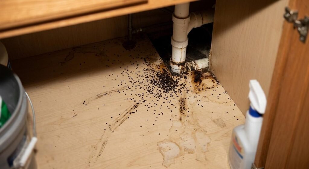 Dense cluster of tiny black German cockroach droppings resembling coffee grounds around a white drainpipe inside a kitchen cabinet under a sink.

