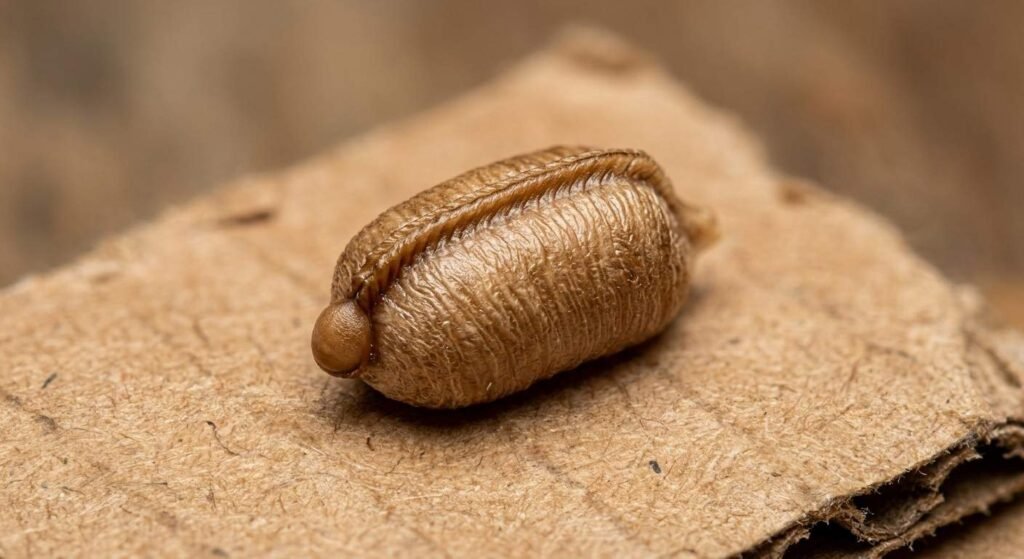 Detailed macro photograph of a single tan-brown German cockroach egg case (ootheca) showing its capsule shape and raised seam, resting on a cardboard surface.