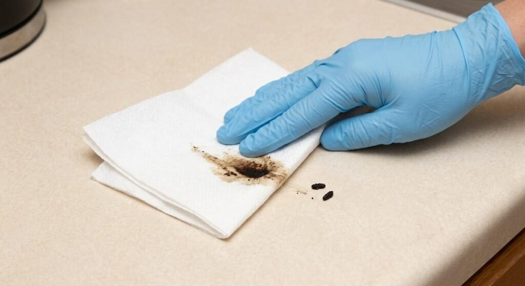 Gloved hand pressing a white paper towel onto a kitchen counter showing a dark brown smear from a cockroach dropping, with a few remaining black specks nearby.

