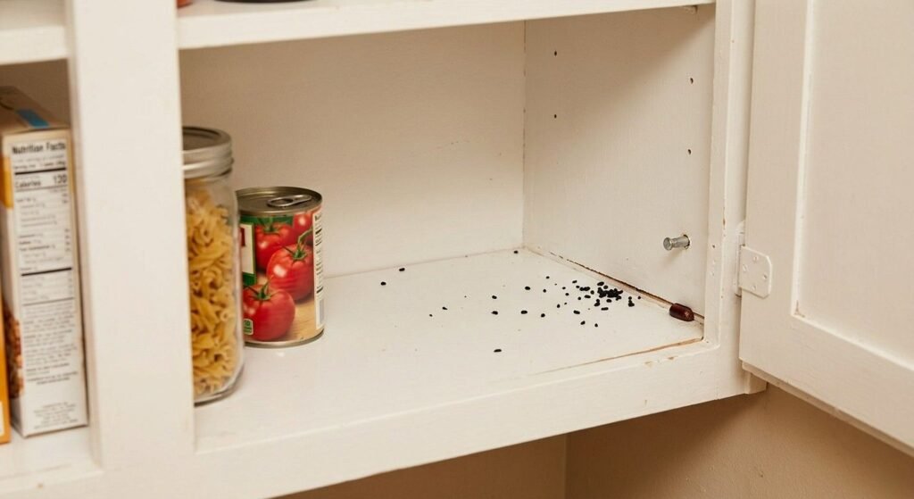 Inside of an open kitchen cabinet showing scattered black cockroach droppings on a white shelf and a small brown cockroach egg case wedged in the back corner crack.

