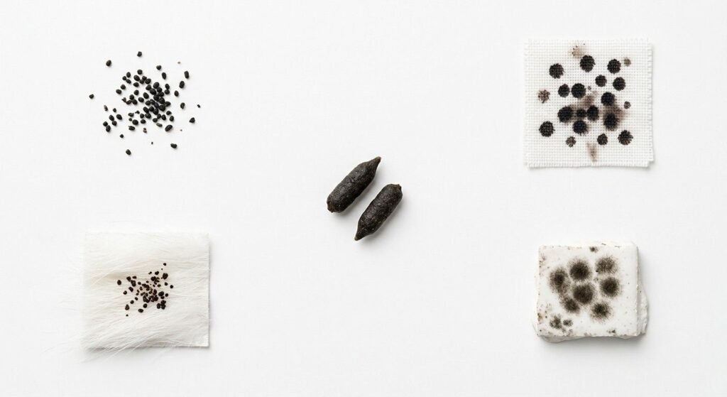 Flat-lay comparison of cockroach droppings, bed bug fecal spots, mouse droppings, flea dirt, and mold spots arranged on a white surface showing the visual differences between each type.

