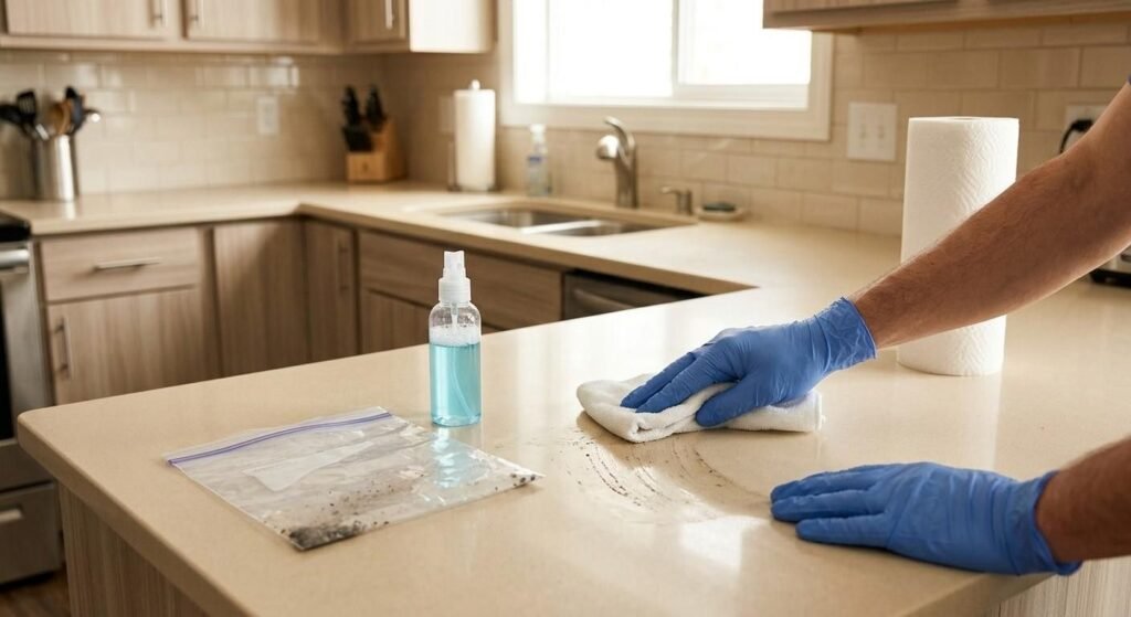 Gloved hands wiping a kitchen countertop with a cleaning cloth next to a spray bottle and sealed plastic bag during a cockroach droppings cleanup process.

