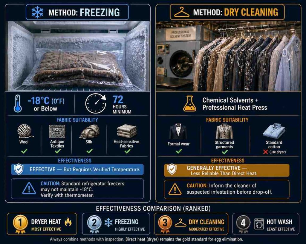 Comparison infographic showing the freezing protocol and dry cleaning method for killing cockroach eggs on delicate fabrics, with temperature requirements, duration timelines, effectiveness ratings, and fabric suitability indicators.