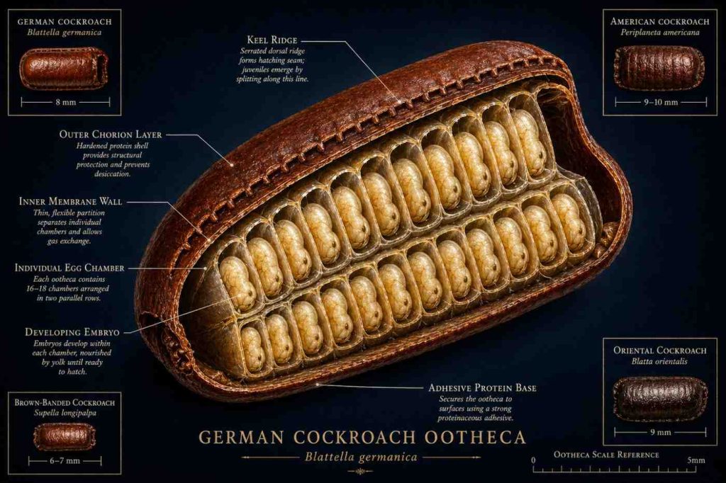 Detailed scientific cross-section illustration of a cockroach ootheca showing its hardened chorion shell, symmetrical egg chambers, embryos at mid-development, keel ridge, and internal membrane structure with anatomical annotation labels.