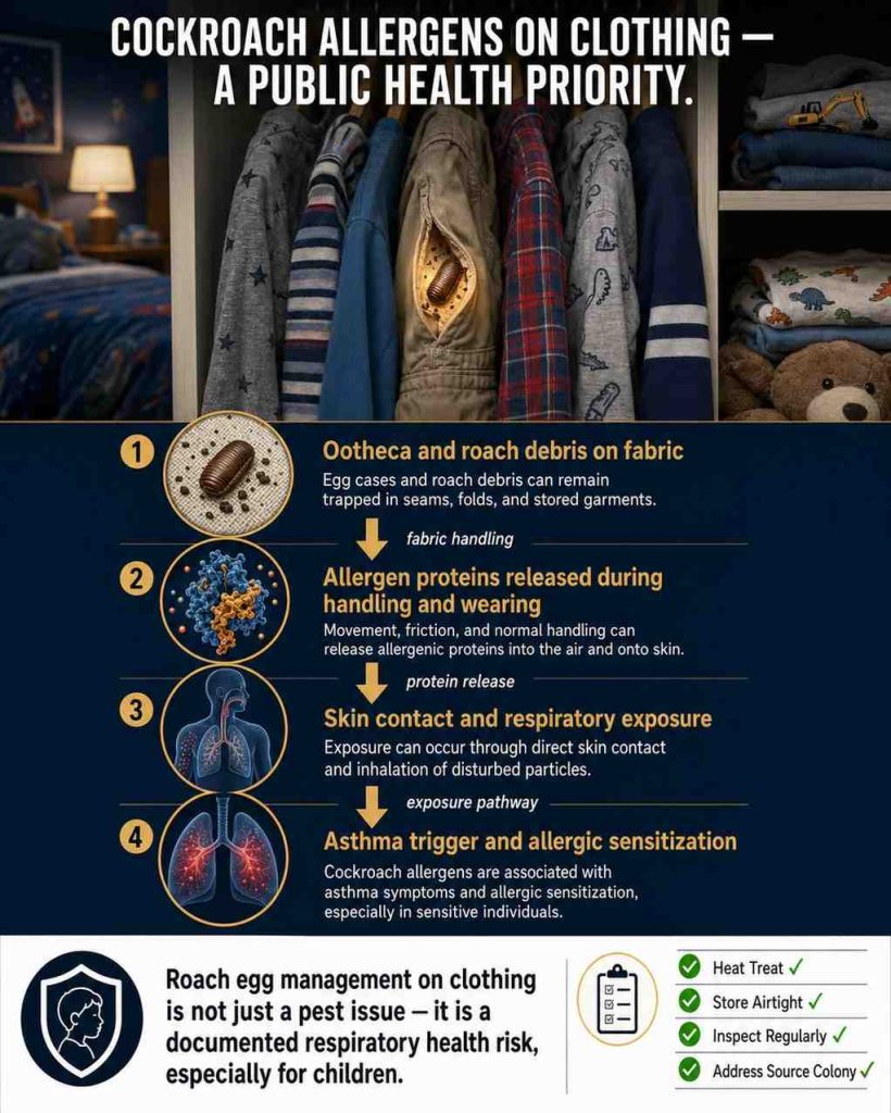 Medical public health infographic illustrating the allergen pathway from cockroach egg cases and roach debris on clothing to skin contact, respiratory exposure, and asthma triggers in children, with documented health impact statistics and a clear call-to-action conclusion panel.
