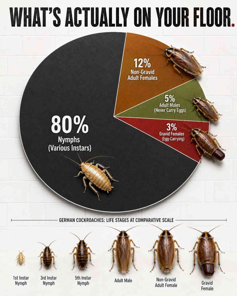 Infographic pie chart and illustrated lineup showing cockroach colony population composition, with 80 percent nymphs, adult males, and non-gravid females, demonstrating the statistical likelihood that a stepped-on roach is not carrying eggs.

