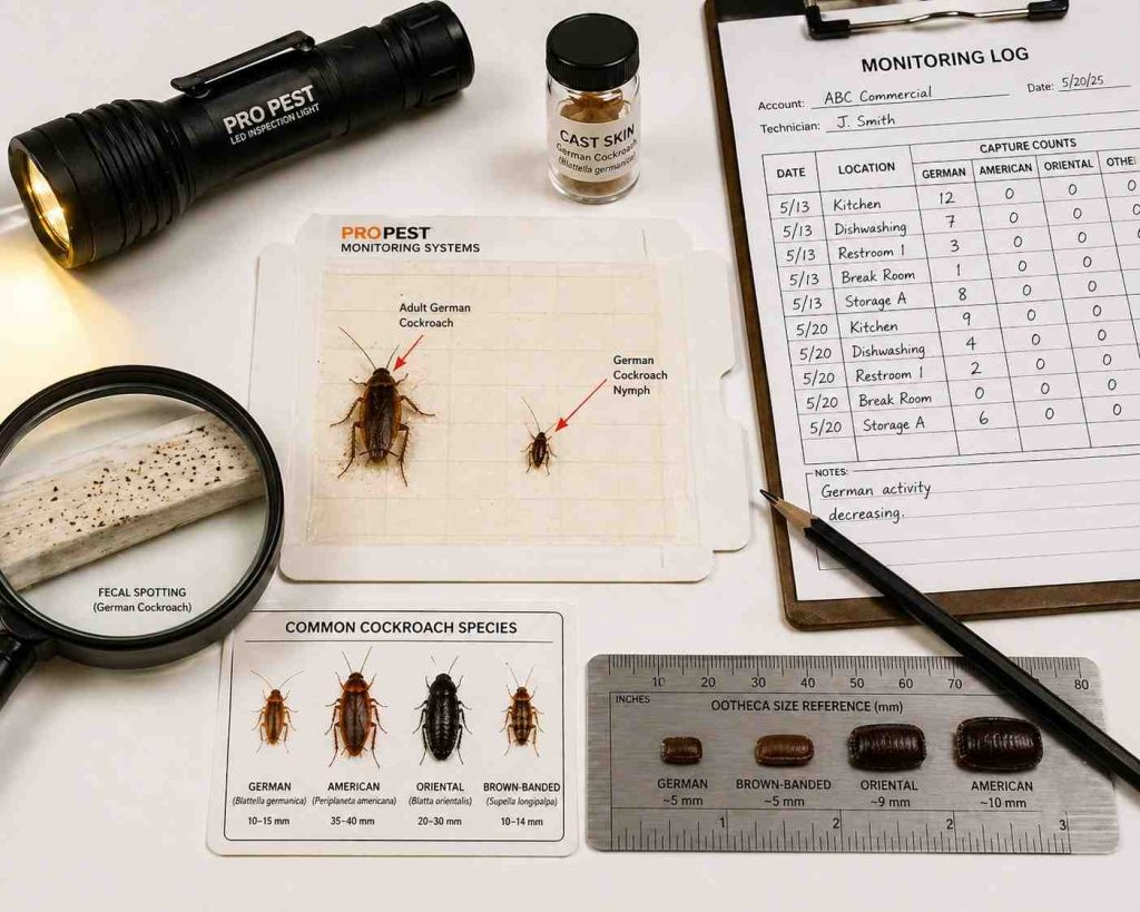 Photorealistic flat-lay image of a cockroach inspection and monitoring toolkit including glue trap boards, a HEPA flashlight, a magnifying glass, and a glue board showing captured roaches with species identification labels.

