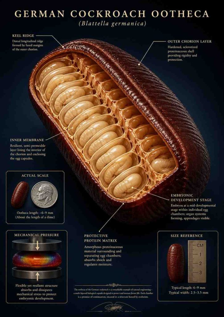 Highly detailed cross-section scientific diagram of a cockroach ootheca showing its hardened protein shell, internal egg chambers, and structural integrity under mechanical pressure, illustrating why stepping on a roach does not scatter viable eggs.