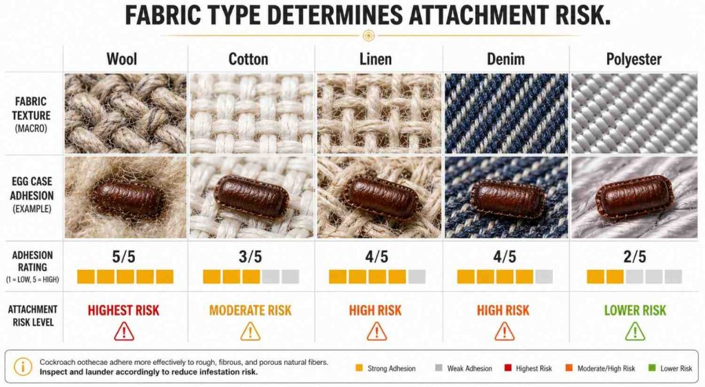 Scientific comparison infographic showing cockroach ootheca adhesion strength on five different fabric types including wool, cotton, polyester, linen, and denim, with adhesion level ratings and photorealistic fabric texture close-ups.