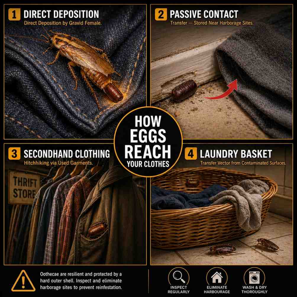 Infographic illustration showing four cockroach egg transfer pathways to clothing, including direct female deposition into folded garments, passive contact transfer, secondhand clothing hitchhiking, and laundry basket vector transmission.