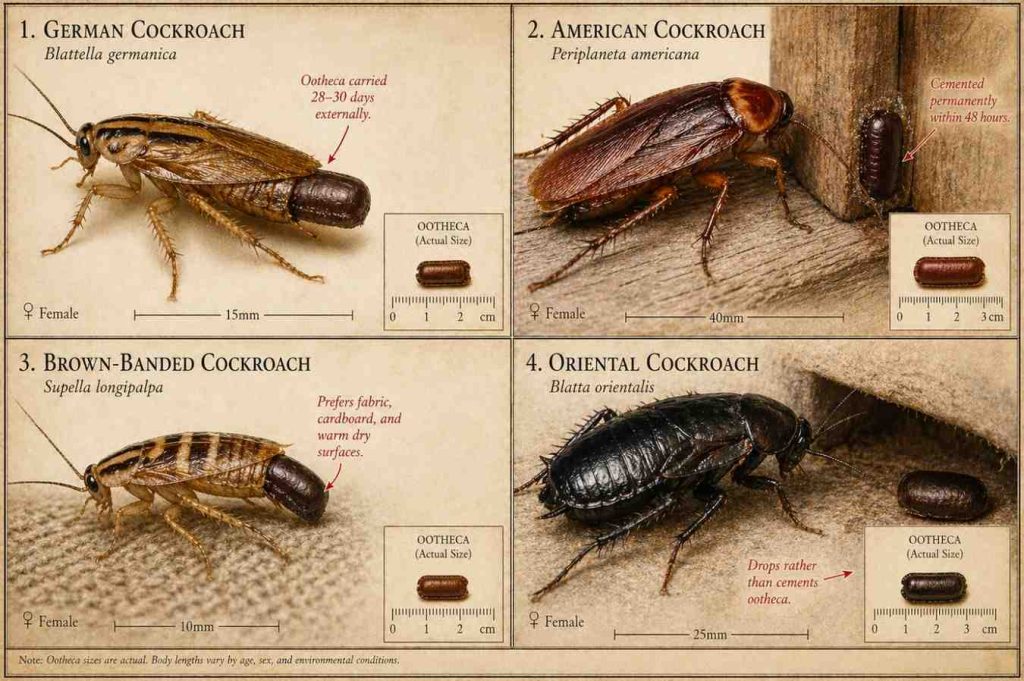 Scientific comparison illustration showing four cockroach species side by side — German, American, Brown-Banded, and Oriental — each demonstrating their unique ootheca carrying or deposition behavior with labeled anatomical details and size reference scales