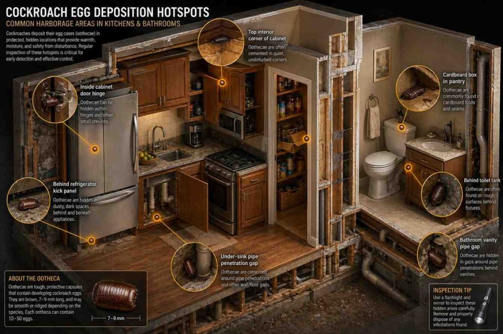 Detailed cutaway cross-section illustration of a home kitchen and bathroom showing all hidden cockroach egg deposition sites, including behind refrigerators, under sinks, inside cabinet hinges, and along pipe penetrations.

