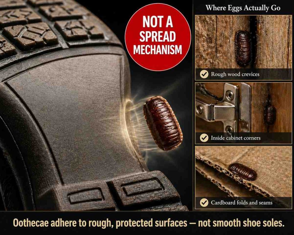 Photorealistic comparison image showing the smooth rubber sole of a shoe next to a cockroach ootheca, demonstrating the incompatibility of egg adhesion to shoe surfaces, with an inset showing actual egg deposition sites in hidden crevices.