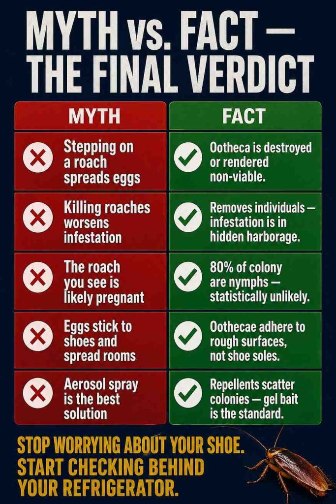 Bold editorial infographic showing a definitive myth versus fact comparison table about stepping on cockroaches, with clear visual indicators separating false beliefs from scientifically accurate pest management realities.

