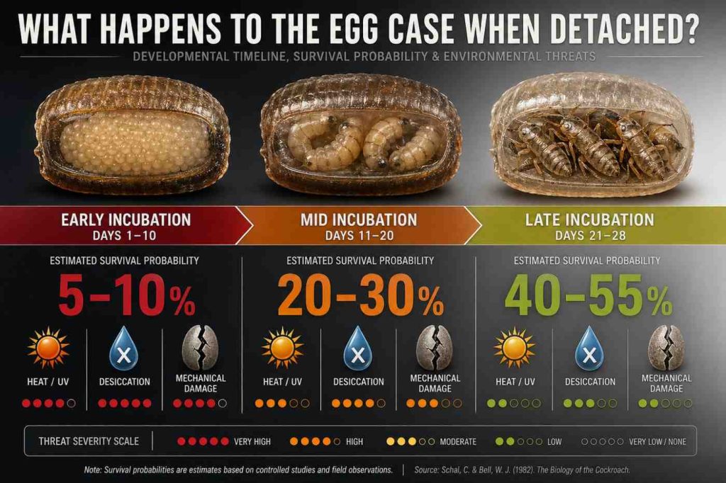 Scientific infographic showing cockroach ootheca survival probability at different incubation stages when separated from the female, comparing early, mid, and late development periods with viability percentage indicators.

