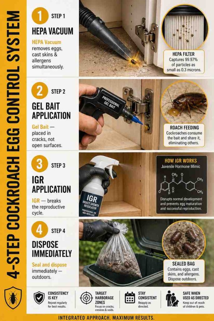 Step-by-step instructional infographic showing the correct cockroach egg case removal process using a HEPA vacuum, followed by gel bait application in crevices and IGR treatment, as part of an integrated pest management approach.
