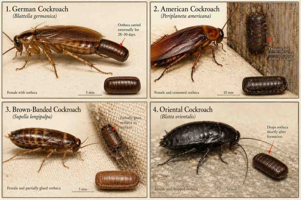 Side-by-side scientific comparison illustration of four cockroach species showing their egg-carrying and egg-depositing behaviors, including German, American, brown-banded, and Oriental cockroaches with their respective oothecae.

