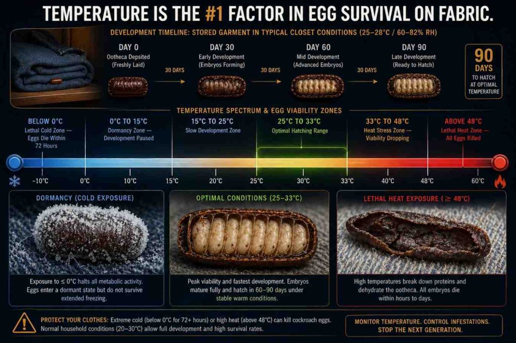 Scientific infographic showing cockroach egg survival and viability rates across different temperature ranges from freezing to lethal heat, with a timeline bar showing dormancy periods in stored clothing and fabric environments.