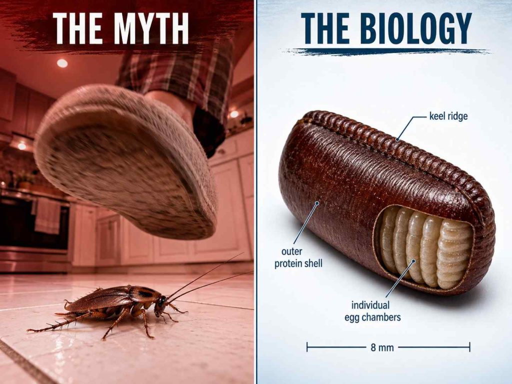 Illustrated split-screen showing a worried homeowner about to step on a cockroach on one side, and a labeled biological diagram of a cockroach ootheca on the other, representing the myth versus scientific reality of roach egg spreading.