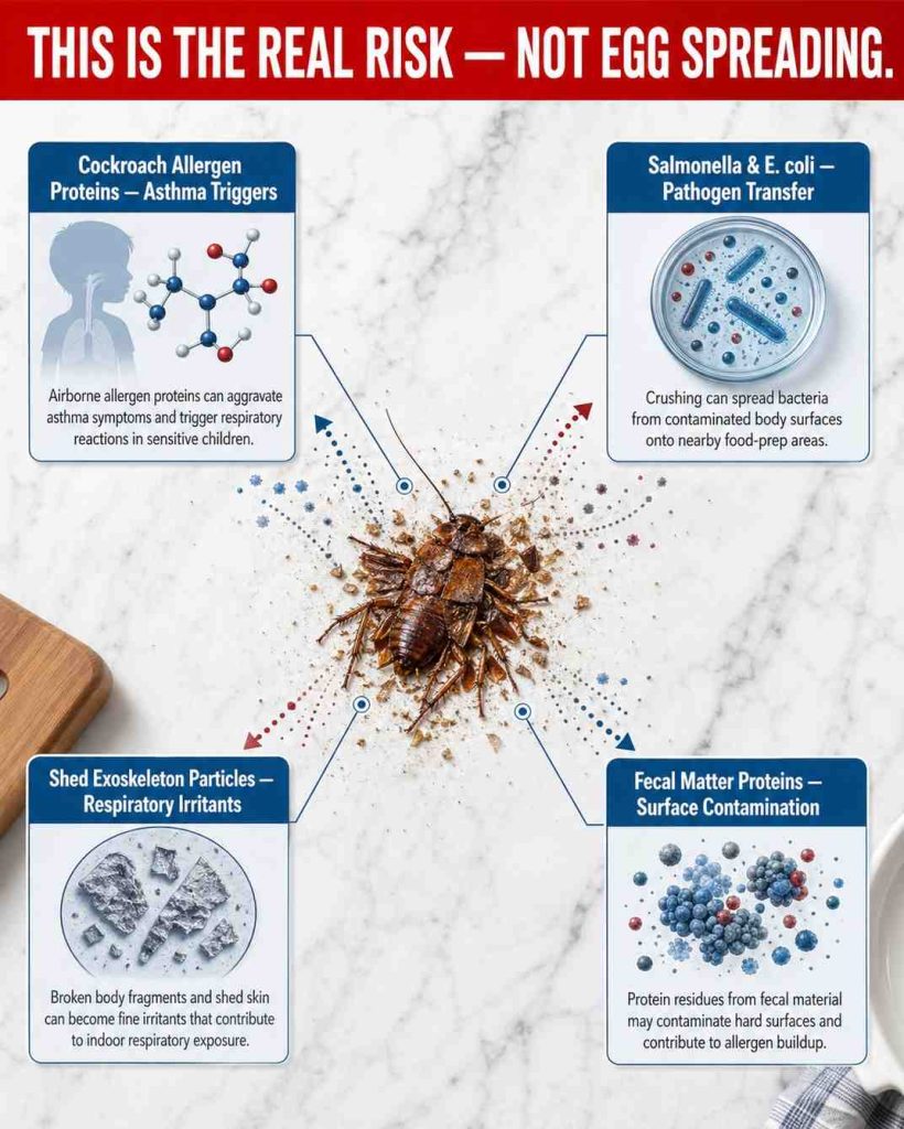 Medical-style infographic illustrating the actual health risks from crushed cockroaches, including allergen proteins, bacteria like Salmonella and E. coli, and asthma trigger particles spread on contact surfaces.

