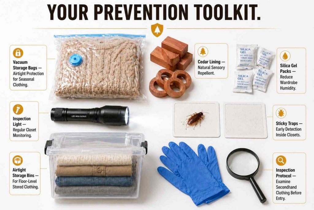 Flat-lay infographic showing a complete cockroach egg prevention toolkit for clothing storage, including vacuum-sealed bags, cedar blocks, silica gel desiccants, an inspection flashlight, glue traps, and sealed airtight storage containers with prevention strategy labels.