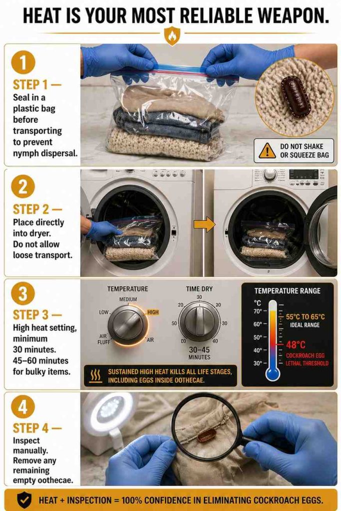Step-by-step instructional infographic showing the correct heat treatment protocol for killing cockroach eggs on clothing using a residential clothes dryer, including temperature thresholds, minimum time requirements, and pre-treatment bagging steps.