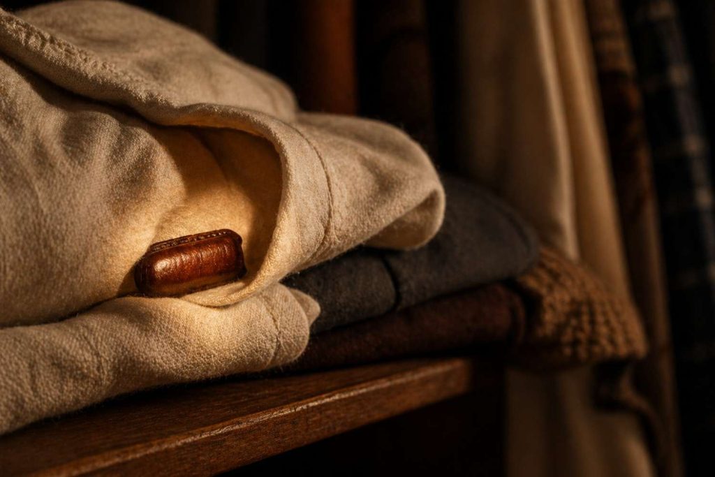 Photorealistic close-up of a dark brown cockroach ootheca tucked inside the folded seam of a stored garment in a dimly lit wardrobe, illustrating the real risk of cockroach eggs surviving on clothes.