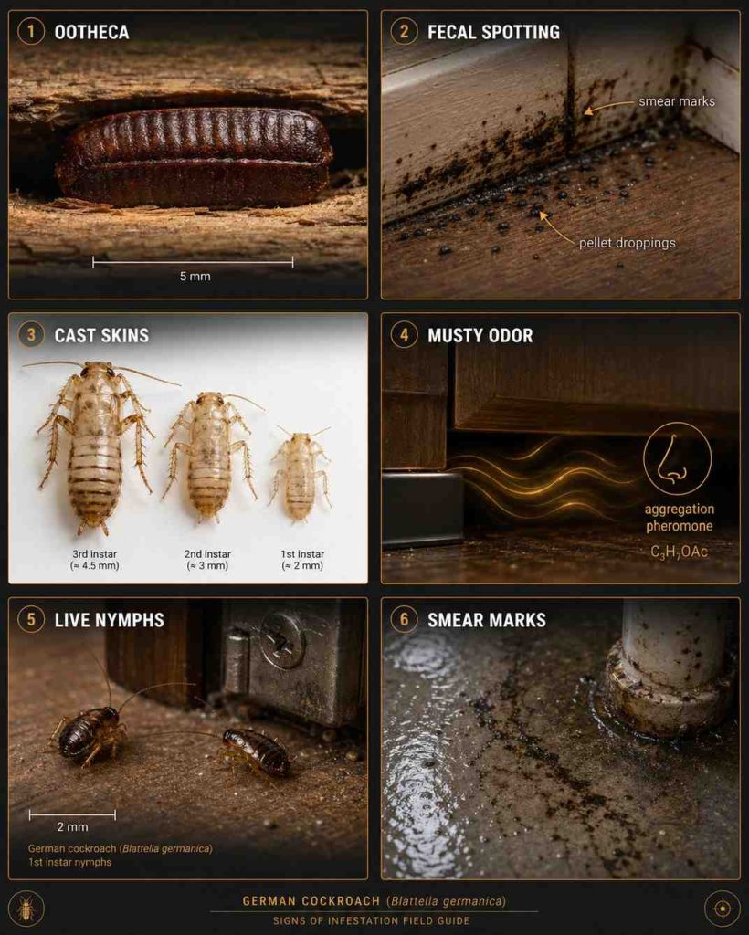 Photorealistic visual identification guide showing six key signs of cockroach egg activity and infestation including oothecae in crevices, fecal spotting, cast skins, musty odor indicators, live nymphs, and smear marks on surfaces.