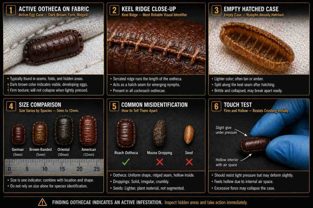 Photorealistic visual field guide showing how to identify cockroach oothecae on clothing, including macro close-ups of the keel ridge, color variations between species, active versus empty egg cases, and common misidentification comparisons.