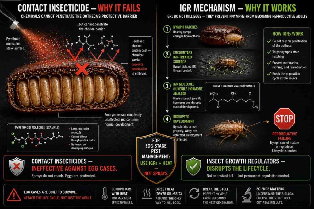 Scientific infographic comparing contact insecticide failure against cockroach ootheca protective shell versus the mechanism of insect growth regulators disrupting nymph development post-hatching, with molecular-level diagram detail.