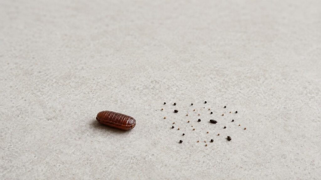 Cockroach egg case beside scattered roach droppings on a light kitchen surface, showing differences in shape, size, and texture.