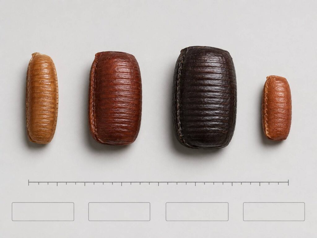 Comparison of German, American, Oriental, and brown-banded cockroach egg cases, showing differences in size, color, and shape.