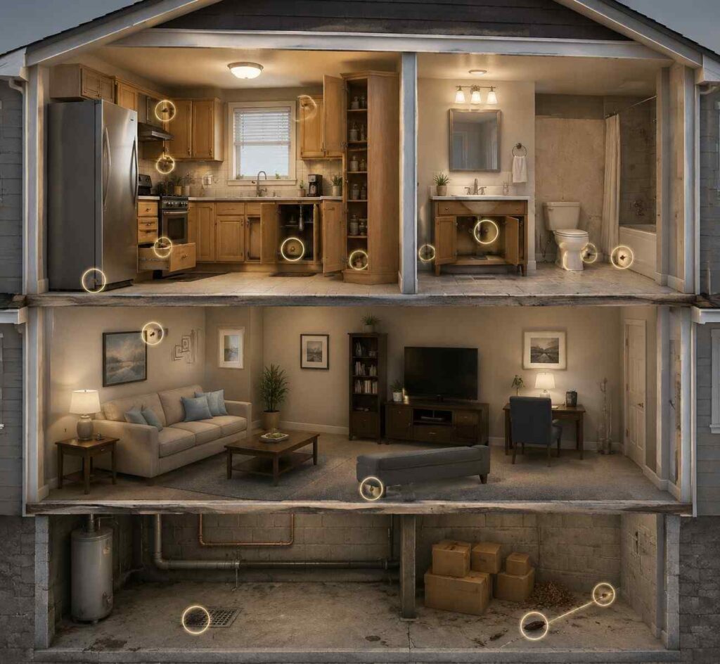 Cutaway home showing common places to find cockroach egg cases and droppings in kitchens, bathrooms, bedrooms, and basements.
