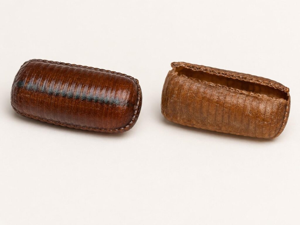 Side-by-side comparison of a plump, sealed cockroach egg case and a split, deflated case that has already hatched.