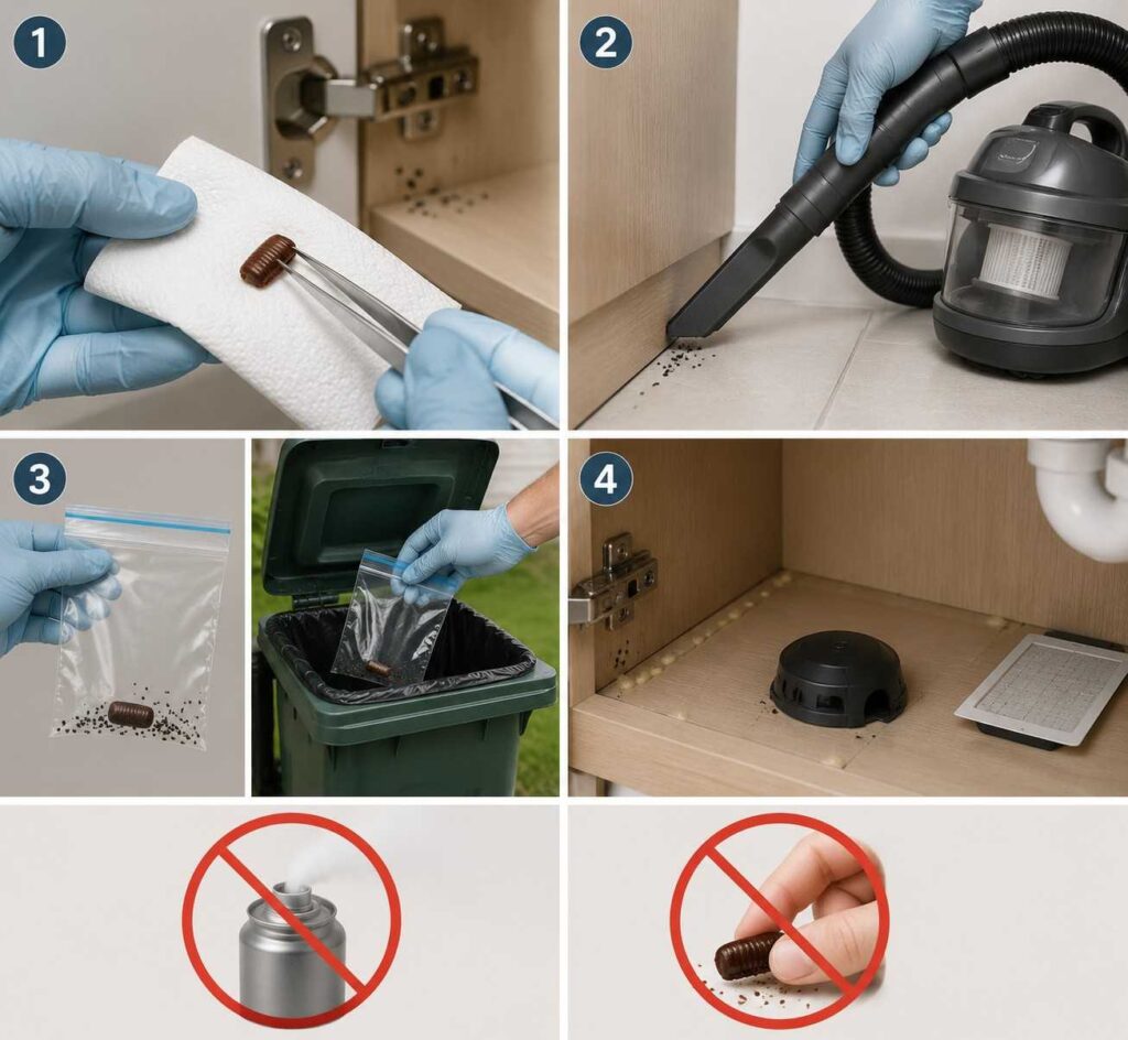 Steps for safely removing cockroach egg cases and droppings using gloves, a HEPA vacuum, sealed disposal, gel bait, and monitoring traps.