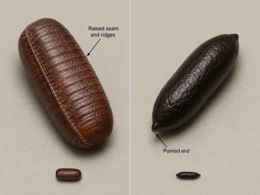 Enlarged comparison showing the raised seam and ridges of a roach egg case and the pointed end of a mouse dropping.