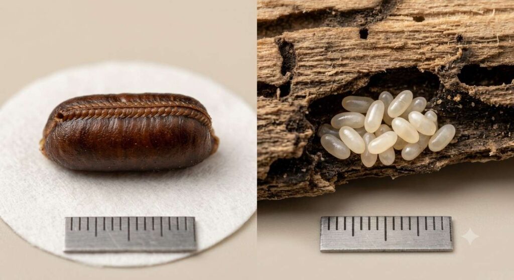 Brown cockroach ootheca beside a cluster of tiny white termite eggs, showing differences in size, color, and shape.