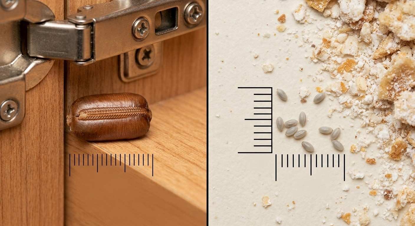 Roach ootheca beside tiny pantry moth eggs, showing differences in size, color, shape, and structure.