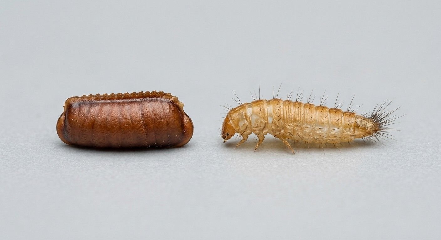 Brown cockroach egg case beside a hairy, hollow carpet beetle larval shed skin for comparison.